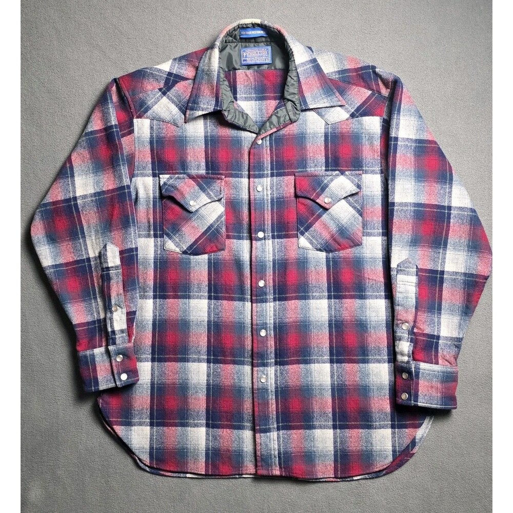 VTG Pendleton High Grade Western Wear Wool Plaid Shirt L Made in USA Flaws